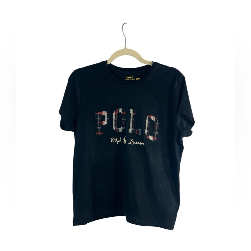 Polo Ralph Lauren Women Tee Embroidered Logo Plaid Spellout Black Size L